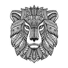 Head lion. Ethnic patterns. Hand drawn vector illustration with floral elements. Leo, animal symbol