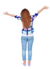 woman happily greets someone. girl waving. Rear view people collection.  backside view of person.  Isolated over white background. 