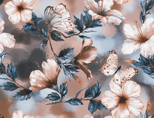 Fototapety  Hand-drawn watercolor floral seamless pattern with the tender white and pink hibiscus flowers and butterflies. Natural tropical and vibrant repeated print for textile, wallpaper etc. Tropical pattern
