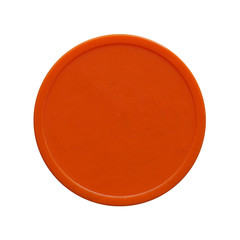 Orange plastic chip fiche token money used to buy food and drink during event or festival - isolated over white - obrazy, fototapety, plakaty