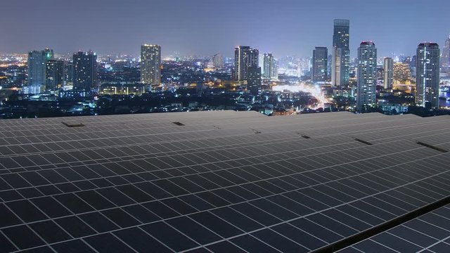 Solar panel with city skyline time lapse
