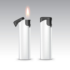 Vector Black White Plastic Lighters with Flame on Background