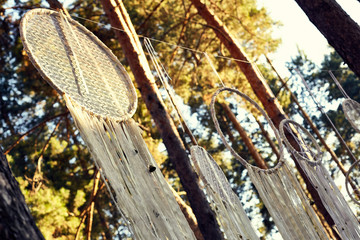 Bottom for wedding decoration rustic style in forest. Beautiful place for outside wedding ceremony in wood. Wedding settings.
