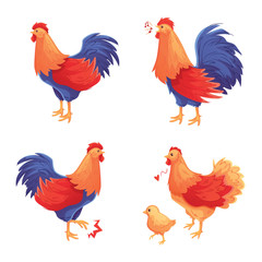 Colorful set of rooster, hen and baby chick, cartoon style vector illustration isolated on white background. Male and female chicken standing, walking and singing