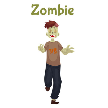Man dressed in zombie costume for Halloween, cartoon style vector illustration isolated on white background. Running zombie, fancy dress for Halloween idea