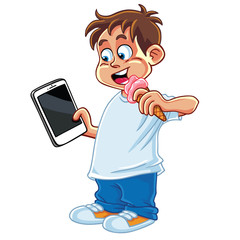 Kid Playing Tablet Phone Gadget Cartoon Vector