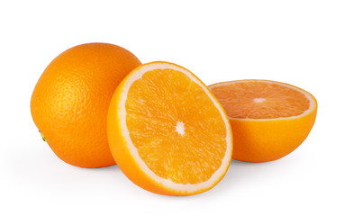 Orange fruit half and two segments or cantles isolated on white