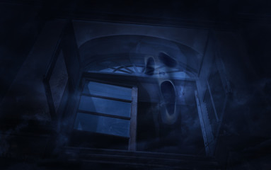 Ghost scream over old ancient window castle, Spooky background,