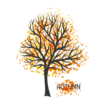 Background with autumn tree. Illustration of silhouette and abstract spots