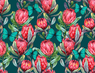 Hand-drawn watercolor seamless tropical pattern with red protea flowers and blue butterflies. Colorful exotic summer print with floral elements for the textile and wallpapers