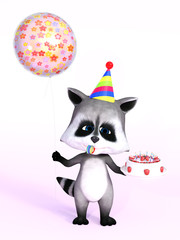 3D rendering of a cute cartoon raccoon holding cake and balloon.