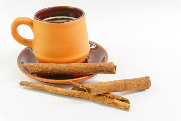 cup coffee and cinamon stick on white background