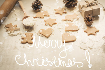 Christmas gingerbread cookies, fir cones and gifts