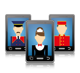Smartphone maid bellboy and hotel apps icon set. Service technology media and digital theme. Colorful design. Vector illustration