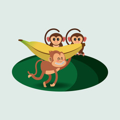 flat design playful  jungle monkeys cartoon  and banana vector illustration 