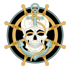 human skull anchor ship wheel vector illustration