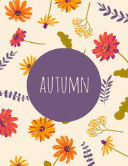 Obraz premium Autumn. Hand drawn illustration with gerberas and herbs. Vector floral background with beautiful flowers