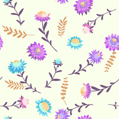 Fototapeta na wymiar Autumn flowers. Vector floral seamless pattern. Hand drawn illustration with asters and herbs.