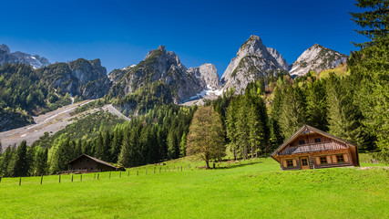 Fototapeta na wymiar Small cottages at the bottom of peak in the Alps, Austria