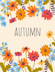 Autumn. Hand drawn illustration with gerberas and herbs. Vector floral background with beautiful flowers