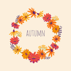 Autumn. Hand drawn illustration with wreath of gerberas. Vector floral background with beautiful flowers