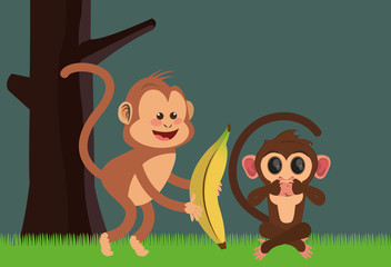 flat design playful  jungle monkeys cartoon  and banana vector illustration 