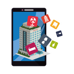 Smartphone and hotel building with apps icon set. Service technology media and digital theme. Colorful design. Vector illustration