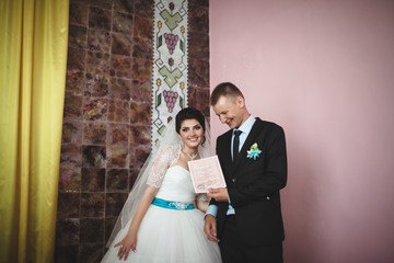 Joyful couple after the wedding ceremony