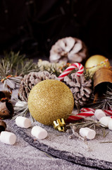 Christmas card with fir branches and decoration