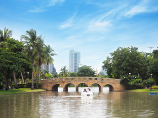 Fototapeta premium Arch brick bridge over the lake