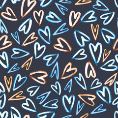 seamless artistic hand drawn brushstrokes hearts pattern, colorful modern allover love sign background print design