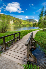 Fototapeta na wymiar Beautiful small bridge on the lake in the Alps