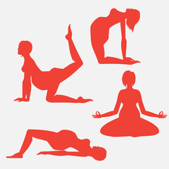 yoga poses for pregnant women, future mother, healthy lifestyle exercises set, baby care, motherhood and fitness silhouette