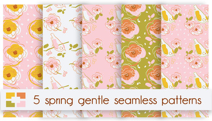 Fototapeta na wymiar Set of Gentle spring seamless pattern with bird and flowers