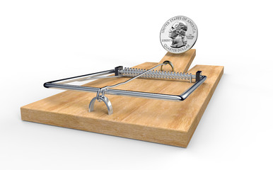 mouse trap with dollar coin as bait isolated