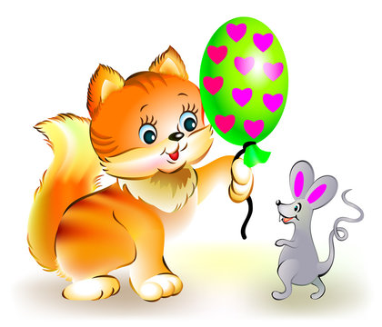 Cat presents mouse a balloon, vector cartoon image.