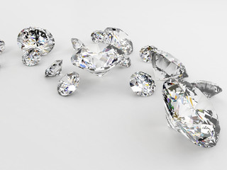 Group of diamonds placed on white background soft focus, 3D illustration.