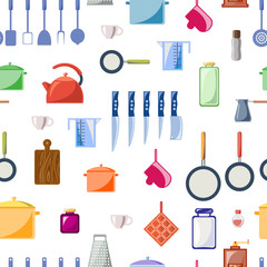 Seamless pattern of various kitchen utensils and tools. Style flat.