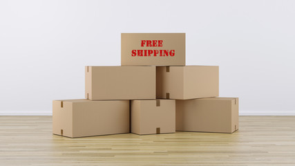 free shipping stamped on cardboard boxes in white background and wooden parquet. high resolution 3d render, digital illustration