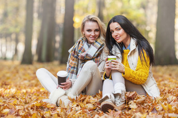 Women in autumn park drink coffee