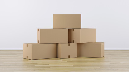 Stack of Cardboard boxes on a wooden floor 3d Render