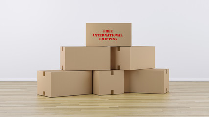 Free shipping cardboard boxes, on white background with wooden floor 3D render