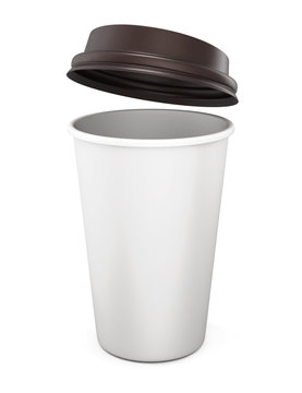 Plastic cup of coffee with an open lid on a white background. 3d