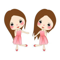 Happy Cute Girl in Rose Pink Dress. Woman Dancing. isolated on White Background. Vector Illustration