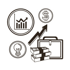 Suitcase bill infographic and bulb icon. Money economy commerce and market theme. Isolated black and white design. Vector illustration