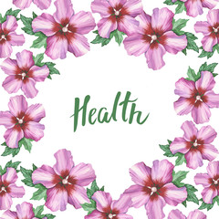 Health hand writing on hibiscus rose flower background in waterc