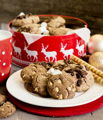 Homemade cookies on plate. Jar of cookies and mug of milk.