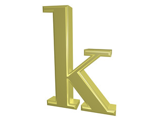 Gold letter k isolated on white, 3d illustration