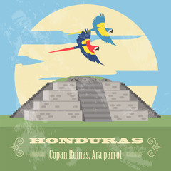 Honduras landmarks. Copan Ruinas, ara parrot. Retro styled image - obrazy, fototapety, plakaty