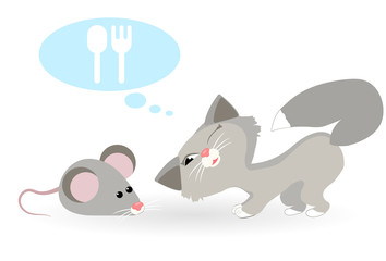 Cat dreams of mouse. Cat wants to eat mouse. Vector illustration.